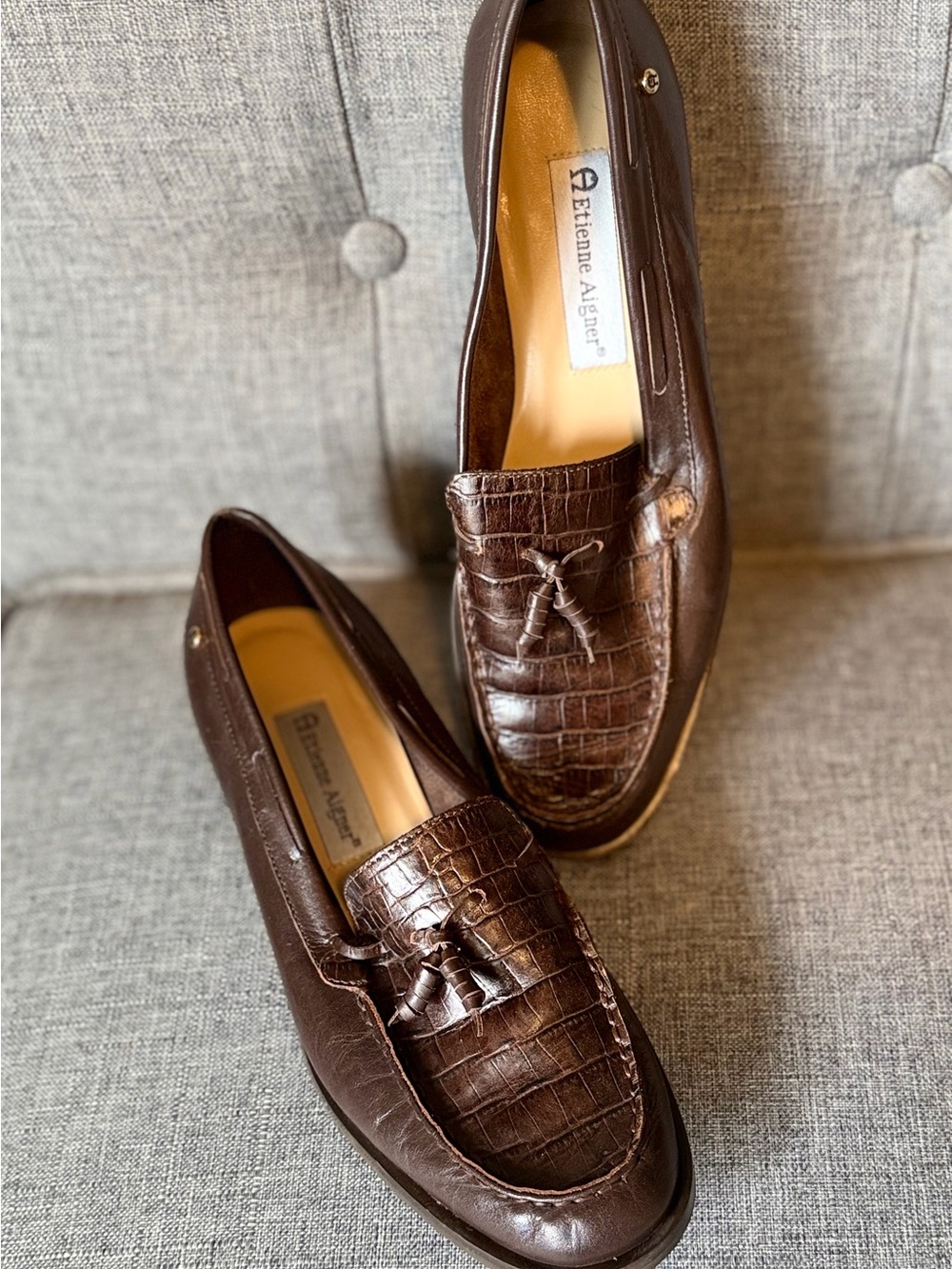 Etienne Aigner Brown Croc-Embossed Tassel Loafers. Classy, simple, like new. W 9
